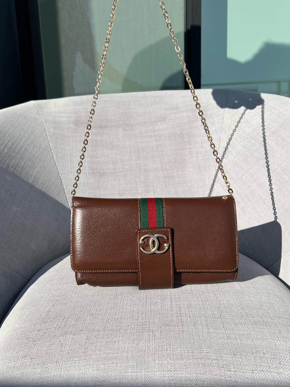 Gucci Web Sherry Line brown leather clutch bag wallet
